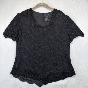 Cote D Azur Evening Silk Beaded Blouse Women's L Black Cocktail Party Formal